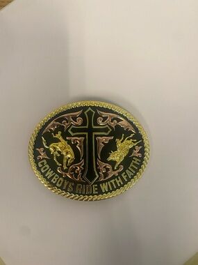 Cowboys Ride With Faith Gold & Brown Belt Buckle